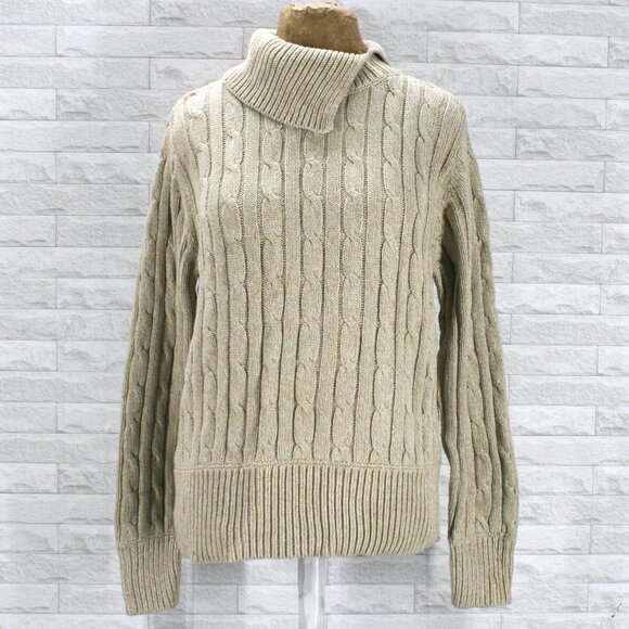 VINTGE LIZ SPORT Sweater Split Turtleneck Knit Cable Stitch Neutral Tan XL - Picture 1 of 14